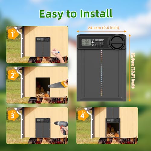 Automatic Chicken Coop Door, Battery Powered Electric Chicken Coop Door with Smart Timer, Anti-Pinch Sensor, LCD Display& Low Battery Reminder for Hens, Ducks, Geese Poultry
