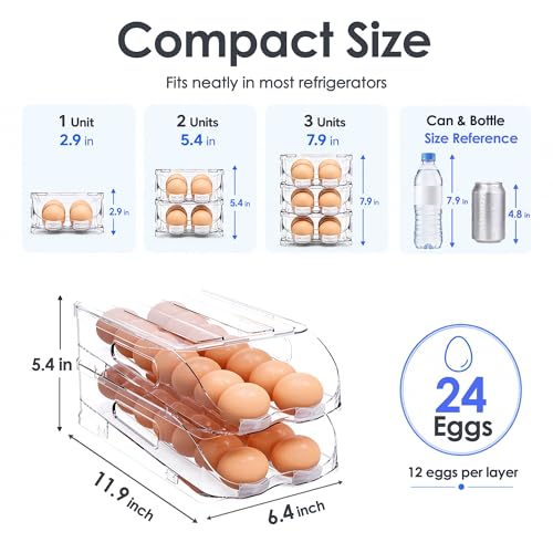 SMRCAD 24-Egg Dispenser with Silicone Bumpers, Auto-Rolling, Stackable | BPA-free food-grade PET | Stackable with lid | Built-in handle | Fits Large to Jumbo Eggs | Hand wash only - size: 2 Layer Holder 24 Eggs (M SIZE)