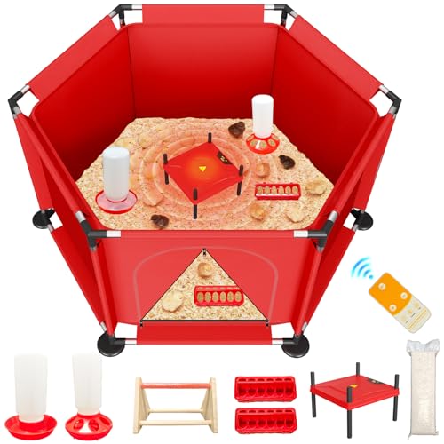 Brooder Box for Chicks, 8-in-1 Chick Heat Plate Starter Kit, Baby Chicken Brooder Pen with Feeder, Waterer, Perch & Bedding, Indoor Poultry Setup (Red)