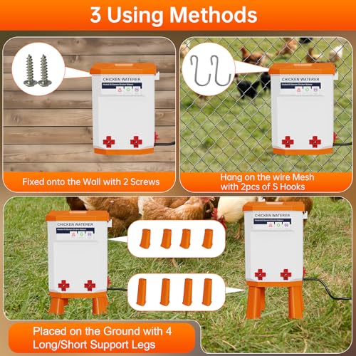 Heated Chicken Waterer, Thermostatically Controlled Poultry Water Heater for Winter, 4 Horizontal Nipples and 8 Support Legs, Anti-Freezing Watering System for Coop Accessories (7L-Red) (Orange, 12L)