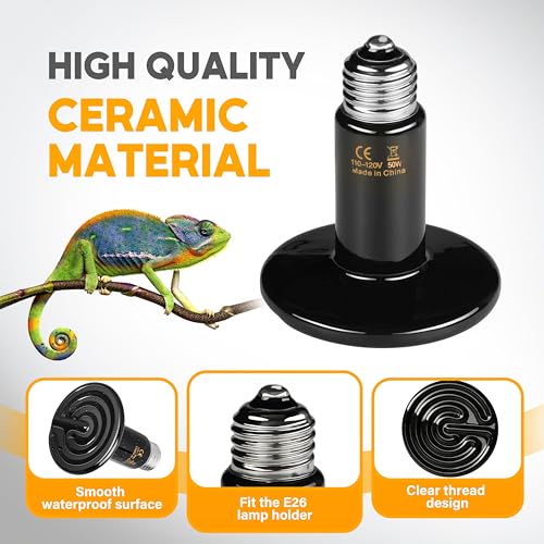 HealSmart 50W Reptile Heat Lamp Ceramic Heat Emitter, No Light Emitting Heat Bulbs, Suitable for Snake/Lizard/Spider, Plant Growth and Incubating Chicken, 2-Pack - size: 50 Watts, style: D-75mm (2.95")