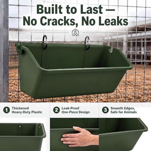 10 Pack Chicken Feeder,5 Quart Hanging Goat Waterer,Green | Two Mounting Options, Metal Clips and Screws,Solid base without holes,Livestock Feed Buckets for Sheep Duck Coop, Farm, Geese - color: Green