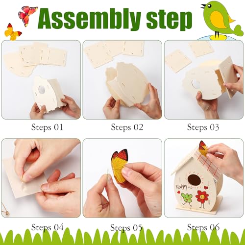 Outus 12 Pcs 5 × 7 Inch DIY Wooden Birdhouse Kit for Kids, Art Painting Bird House Craft Kit Unfinished Bird House Craft for Easter, Kids with Butterfly Sticker Gift 4 Shapes Summer Arts (Exquisite) - style: Exquisite