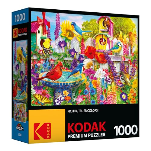 RoseArt Kodak Premium Bird Bath Garden 1000 Piece Jigsaw Puzzle | Fully Interlocking Pieces, Bonus Poster Included, Made in USA