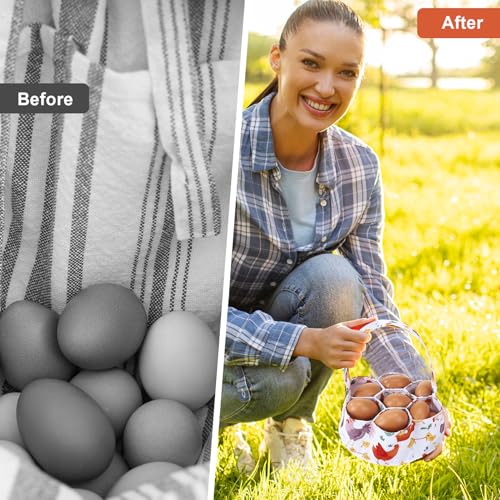 Egg Collecting Basket, Egg Basket for Gathering with 7 Pouches | Canvas Egg Basket for Chicken, Duck, Goose, Bird, Various Poultry Collection (Cartoon Chicken Style - style: Cartoon Chicken Style 3