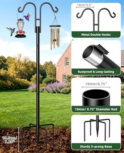 Shepherds Hooks for Outdoor Plant Hanger Hummingbird Feeders for Outdoors | Double Shepherds Hooks ,86 Inch Bird Feeder Pole, Thick Heavy Duty Bird Feeder Stand with 5-Prong Base,Solar Light,7 Pack - size: 76inch