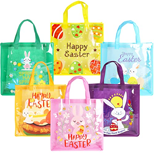 6PCS Happy Easter Egg Hunt Bags Easter Bunny Carrot Chick Egg Gift Bags with Handles, Easter Treat Bags, Multifunctional Non-Woven Easter Bags for Gifts Wrapping, Easter Party Supplies , 13×13×4inch - color: Pink Purple Green Blue Orange