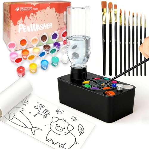 Paint Brush Cleaner Tool,Painting Running Water Circulation Art Supplies,with Brushes,Colors Paint,Watercolor Paper,Paint Station Creative Gift for Kids Girls Adult Artist Beginners (Black) - color: Black