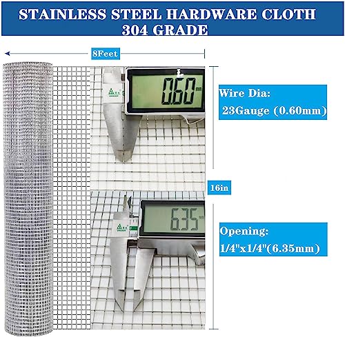 Stainless Steel Hardware Cloth Size:23Gauge 1/4inch 16inchx8Feet 304 Stainless Steel Welded Wire Mesh Supports Poultry Netting Cage Fence,Keep The Animals Out, Protecting New Plants - size: 1/4inx16inx8ftx23gauge