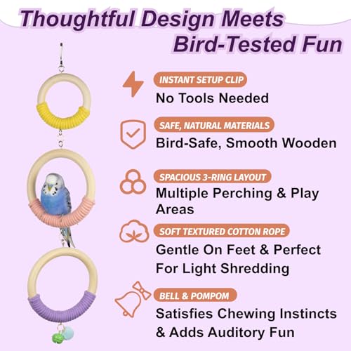 3-Ring Bird Wooden Swing with Bell Climbing Toy Chewable Cotton Rope Perch | 17 Inch for Cage Cockatiels Budgies Parakeets Lovebirds