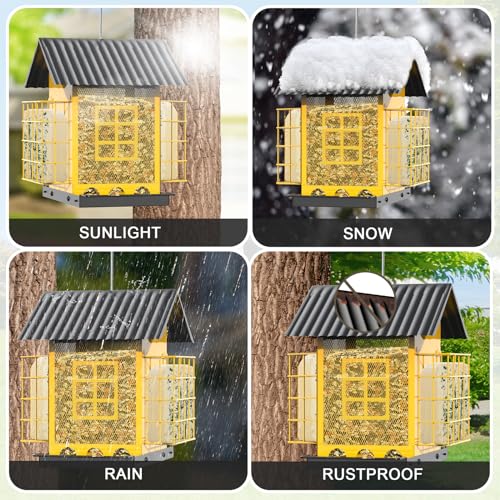 FlowaFoli Bird Feeders for Outdoors Hanging, Metal Bird Feeder with Double Suet Cage Cake, Large Capacity, Birdfeeders Sturdy & Weatherproof, Easy to Clean & Refill, Great for Attracting Wild Birds - color: Yellow
