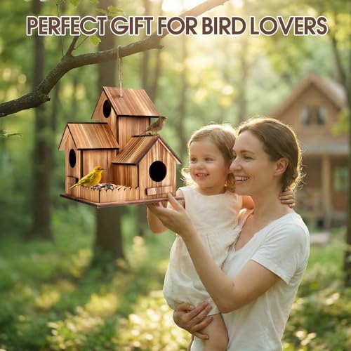 Bird Houses for Outside, Outdoor 3-Hole Large Birdhouse Bird Feeder for Bluebirds, Finches, Cardinals and Yellow Finches, Wooden Hanging Edible Wild Bird Nest Garden Decorative