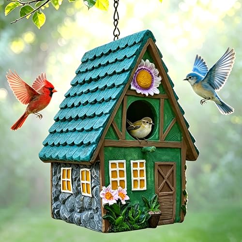 Bird House for Outside, Hand-Painted Resin Cottage Birdhouse with Flower Accents, Waterproof Hanging Bird House for Outdoor Garden, Patio, Yard, Bluebird, Finch, Hummingbird, Sparrow Nesting Box