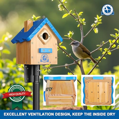 SISTERBIRD Wren Bird House for Outside, Premium Wooden Wren Bird Houses, Hanging Chickadee Bird House, Weatherproof Garden Decor Birdhouses for Outdoors, Blue Color Roof Bird Nesting Titmouse - color: Blue Roof with Log Color