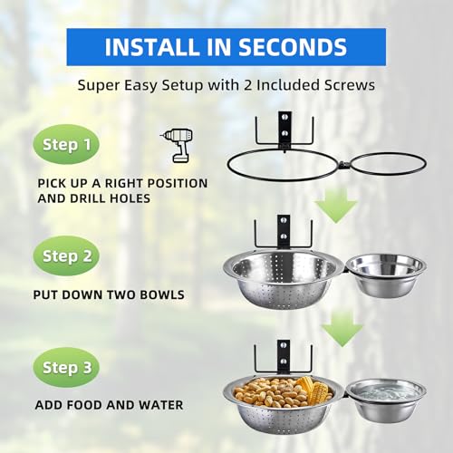 2-Hoop Squirrel and Bird Feeder, Cute Metal Colander Feeders Outside Tree Mounted, 8.6" Drainage Feed+2 Corn Cob Holder for Dry Food, 5.6" Solid Bowl for Water/Bath-Squirrel Feeders for Fence - size: 2-Hoop - 14.1" Length
