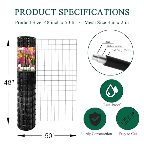 Black PVC Coated Welded Wire Fence 48" x 50' Roll, 2"x3" Mesh, 16 Gauge | Vinyl Coated Garden Fencing, Yard & Pet Barrier, Chicken Wire Fencing, Dog Enclosure Mesh, Vegetable Plant Protector - color: Black, size: 2''x3'' 16GA 48''x50'