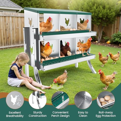 6 Compartment Chicken Nesting Box with Elevated Metal Legs Heavy | Protect Eggs Under Lid; Support Poultry Nesting; Slide Tray For Cleaning; Improve Nest Cleanliness; Metal Poultry Nest Box - color: Green&Silver