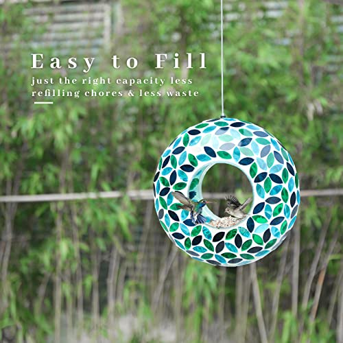 VCUTEKA Mosaic Bird Feeder Fly Through Hanging Birdfeeders for Garden Decor | 10 inch Mosaic Glass Bird Feeeder for Outdoors, Round Shape Glass Container to Attract Wild Birds for Backyard Porch Decor - color: Green-2