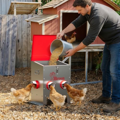 40LB Automatic Chicken Feeder, No-Waste Metal Poultry Feeder with 6 Ports, Predator-Proof Latch & Weatherproof Design, Includes Anti-Tip Ground Stakes & Vegetable Hanging Feeder - size: 40LB-6 Ports