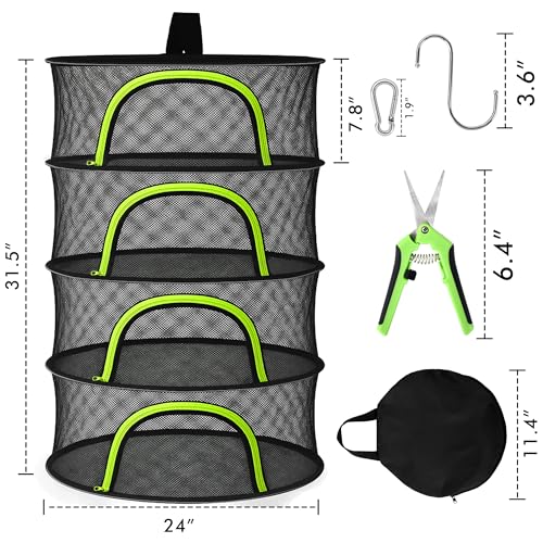 Herb Drying Rack Hanging Mesh 4 Layer 24" with Zipper, Garden Pruning Shear, Hook & Carabiner Clip for Drying Herbs, Plants, Seeds, Buds | Hydroponics & Grow Tents Herb Dryer Hanging Rack - style: 4 Layer 24"