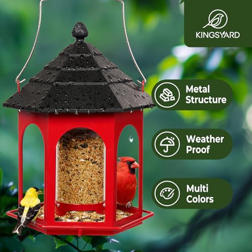 Kingsyard Metal Bird Feeder for Outdoors Hanging, 3 lbs Seed Feeder, Wild Bird Feeders for Garden Cardinal Finch Bluebird, Easy to Fill & Clean, Red - color: Red