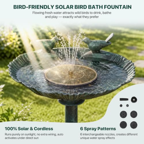 Athena Collection 31.5" Solar Powered Pedestal Bird Bath Fountain, Green | Detachable Solar Fountain Broad, 6 Spray Patterns, 5L Water Large Capacity，3 Ground Nails Included for Garden Yard Lawn - color: Green