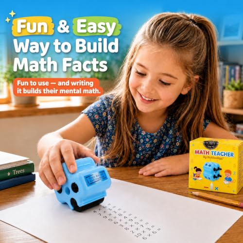 GoldenEgg Math Teacher 4-in-1 Math Roller Stamp, Addition, Subtraction, Multiplication & Fill-in-the-Blank Practice Tool for Kids, Classroom & Home Use (Blue) - color: Blue