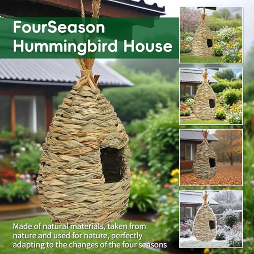GUTE Hummingbird Houses 3Pcs Hand Woven Grass Hanging Bird Nest | Natural Grass,Hand-Knitted,Sturdy Shelter,Ventilated Cozy Design,Blends in Trees,Easy to Hang,Garden,Window - color: Water Drop Shape, size: 3pack