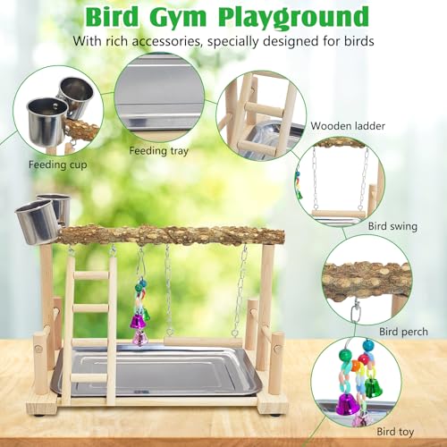 kathson Parrots Playground Bird Perch Wood Playstand Stand with Ladder Swing Feeder Cups Chew Toy for Parakeet Conure Cockatiel Budgie Lovebird Finch Small Birds