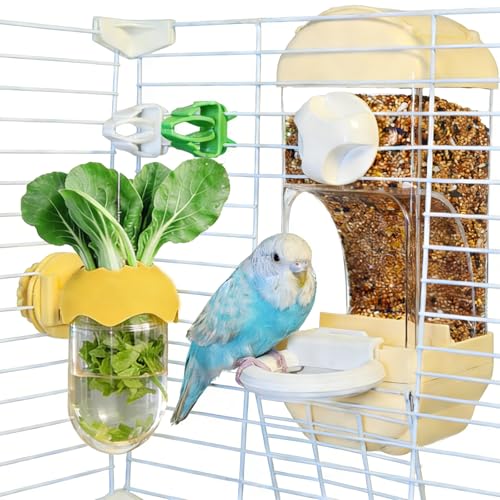 Automatic Bird Cage Feeder No Mess Bird Feeding Station Parrot Vegetable Holder Fruit Clips for Parakeet Cockatoo Canary Lovebirds Budgie (Yellow) - color: Yellow
