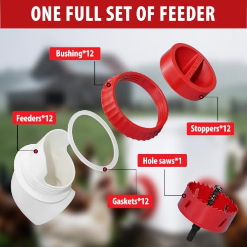 12PACK No Waste Chicken Feeder Ports - DIY Chicken Feeder Kit with Hole Saw - Chicken Feeder Cups for Bucket,Barrels,Bins,Troughs - size: 12 port with holesaw