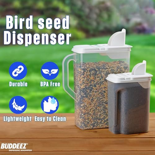 Buddeez Pet Food Storage Containers - 2 Count Bird Seed Dispenser with Pour Tight Lids and Easy Pour Spouts, 8 Qt and 3.5 Qt, Bird Seed Storage for Small and Large Feed, BPA Free