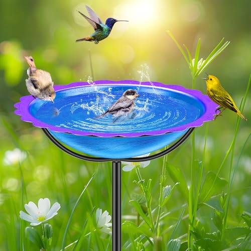 Metal Bird Bath for Outside, Garden Birdbath Bowl Freestanding Bird Feeders for Outdoors with 4 Prongs Base Stake, Standing Birdfeeders for Yard Lawn Decor (Blue Purple) - color: Blue Purple