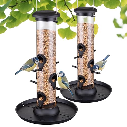 Tube Bird Feeders for Outdoors,13" 6-Port Seed Catcher,Black,2 PK | Spill-Proof, Removable Tray, Drainage Holes, Easy to Clean, Weather-Resistant, Durable for Outdoor - color: Black 13 Inch with Tray,Pack of 2