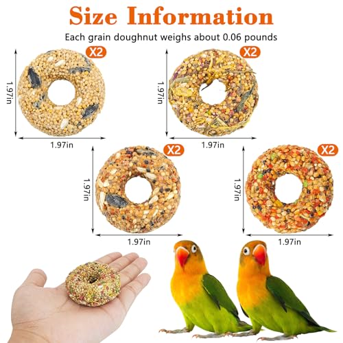 Fhiny 8 PCS Parakeet Treats, Donut Shaped Natural Grain Cockatiel Food with Fruits Vegetables Flowers and Herbs Bird Chew Toys for Parrot Conure Lovebird Training Rewards and Beak Grinding