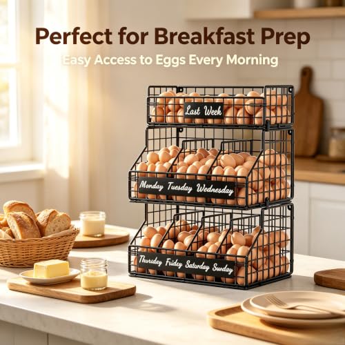 Egg Holder Countertop, Large 3T Chicken Egg Basket for Gathering Fresh Eggs | Egg Storage Organizer with Adjustable 5 Divider & Label, Stackable Wall Mounted Egg Collecting Basket Rack, XXL Black - color: 3T XXL Black