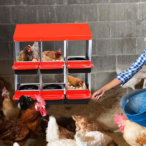 6-Compartment Chicken Nesting Boxes, Metal Hen Laying Boxes with Roll-Away Egg Tray, Lockable Lid, Easy-Clean Design for Coop and Farm - color: Red, size: 6 holes without Legs
