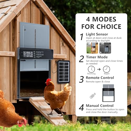 Automatic Chicken Coop Door Solar Powered, LCD Screen Electric Chicken Coop Door with Timer & Light Sensor, 4 Modes Solar Chicken Coop Door, Anti-Pinch & Door Pry Warning Coop Door with Remote Control