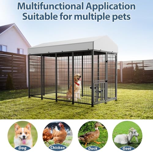 ROOMTEC Heavy Duty Outdoor Dog Kennel with Rotating Bowls, 8 x 4 x 5.6-ft - size: 8’L x 4’W x 5.6’H