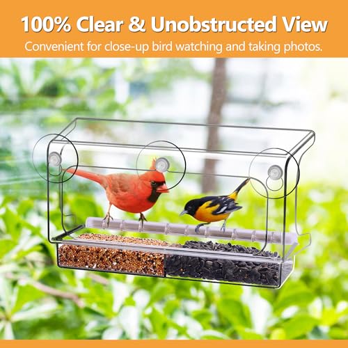 LUJII Shatterproof Window Bird Feeder with Strongest Suction Cups, Polycarbonate Window Mount Feeder with Crystal Clear View & Life-Out Tray, Fits Bigger Birds Like Cardinal or Blue Jay, Clear - color: Clear, size: M