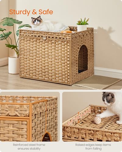 Feandrea Cat Litter Box Enclosure, Handwoven Rattan Hidden Furniture | Extra Litter Mat, Removable Washable Tray, Boho Cat House, End Table, Goose Yellow UPCL014K01 - color: Goose Yellow, size: M (27.5" L x 20.5" W x 22" H)