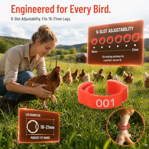 100Pcs Adjustable Numbered Poultry Leg Bands, Red PP Plastic Clip-On Foot Rings 001-100 for Chicken Duck Goose Breeding,0.71-0.83in