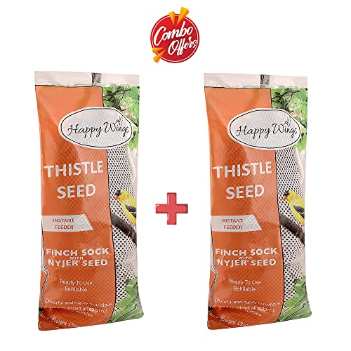 Happy Wings 26Oz Thistle Seed (Nyjer) Bird Food Prefilled Sock, No Grow | Oil Rich, High Fat & Energy Content, Single Grain, USDA & BRC-GS Approved, Finches, Sparrows, Chickadees, Cardinals, No Mess - size: 13 Ounce (Pack of 2)