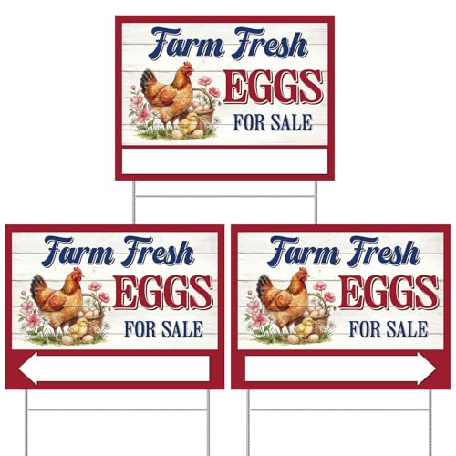 Rngmsi 3PCS Farm Fresh Eggs for Sale Sign, 16 X 12 Inch Double Sided Fresh Eggs Sign Farmers Market Decor, Waterproof Metal Mark with 6 Stakes for Indoor Outdoor Yard Business Supplies Home Decor - color: Farm Eggs