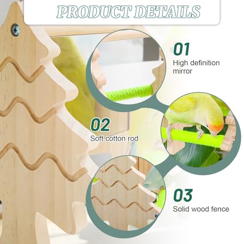 Small Bird Mirror Parrot Swing,Bird Stand Perch Toy,Double Sided Mirror Swing with Chew Flower Perch Safe Parakeet Budgie Cockatiel Cage Accessories for Biting Anxiety.