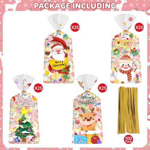 100 Pcs Christmas Treat Bags - Cute Merry Christmas Cellophane Bags, Plastic Christmass Gift Bags Bulk, Clear Winter Xmas Candy Cello Goodie Bag with Twist Ties for Xmas Party Favors Supplies - color: Christmas