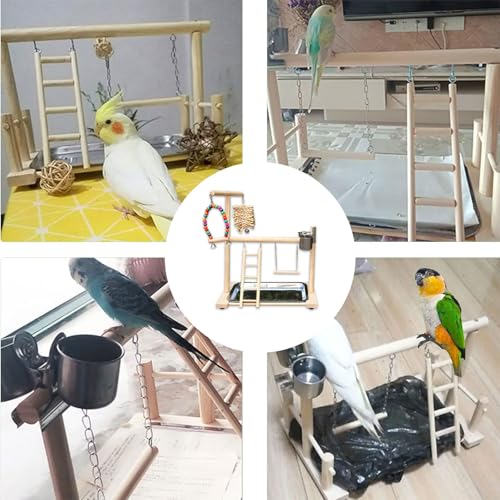 Bird Stand, Natural Wood, Parrot Playground with Removable Tray & 2 Stainless Steel Feeder Cups, Suitable for Parakeet, Conure, Cockatiel, Lovebird, Canary, Lorikeet & African Grey - color: A