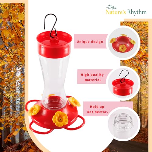 Nature's Rhythm Bird Feeder 4 bee Guard Plastic Yellow Flowers Feeding Port 8oz Glass Pinch Waist Hummingbird Feeder (1Pcs) - color: Red-Yellow Flowers, size: 1pcs