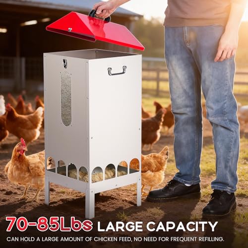 70-85lbs Automatic Chicken Feeder No Waste Gravity Poultry Feeder | Large Capacity Galvanized Chicken Food Dispenser with 16 Ports and Visible Feed-Level, for Duck, Goose,Turkey, Tapered Lid