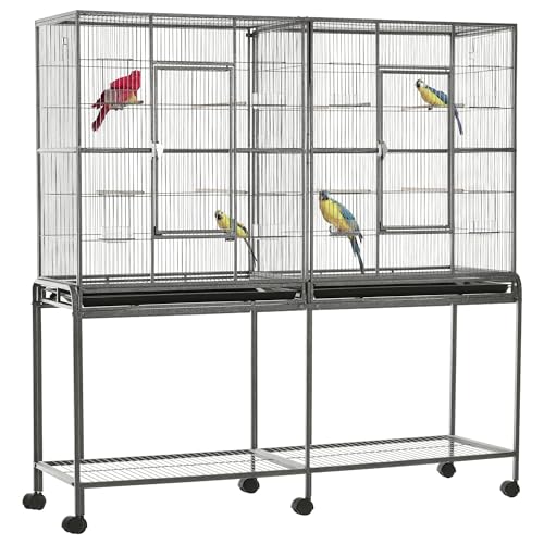 PawHut 65" Double Rolling Metal Bird Cage with Divider, Large Parrot Cage for Parakeet, Canaries, Lovebirds, Budgie, Finch, with Detachable Rolling Stand, Storage Shelf, Wood Perch & Food Container | for Parakeet, Canaries, Lovebirds, Budgie, Finch, Detac